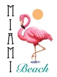 Miami Beach FL graphic with pink flamingo and a sun
