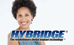 Hybridge logo and a smiling woman- The revolutionary Dental implant technology