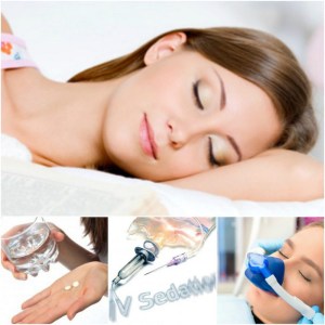 A woman relaxed and resting, oral sedation pills, iv sedation and a woman wearing a breathing mask